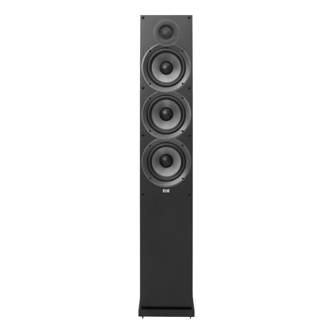 Boxă de podea ELAC Debut DF6.2 neagră, vedere frontală, cu 3 difuzoare mid-bass și 1 tweeter vizibile.