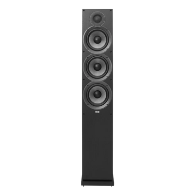 Boxă de podea ELAC Debut DF6.2 neagră, vedere frontală, cu 3 difuzoare mid-bass și 1 tweeter vizibile.