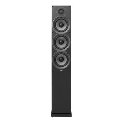 Boxă de podea ELAC Debut DF6.2 neagră, vedere frontală, cu 3 difuzoare mid-bass și 1 tweeter vizibile.