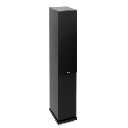 Boxă de podea ELAC Debut DF5.2 neagră, vedere frontală laterală, grilaj frontal montat, bază stabilă.