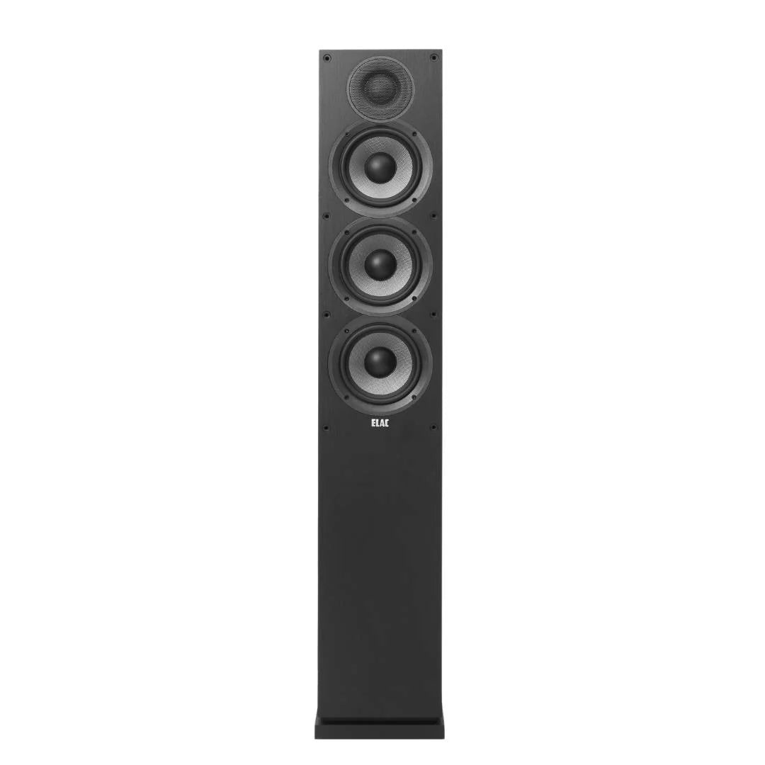 Boxă de podea ELAC Debut DF5.2 neagră, vedere frontală cu 3 difuzoare de bass și tweeter vizibile.