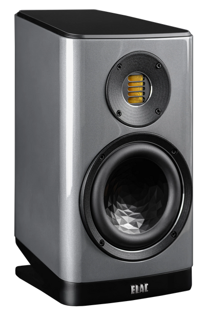 Boxă Elac Vela BS 403.2 gri, vedere frontală unghiulară cu tweeter JET 5 și woofer cu structură geometrică.