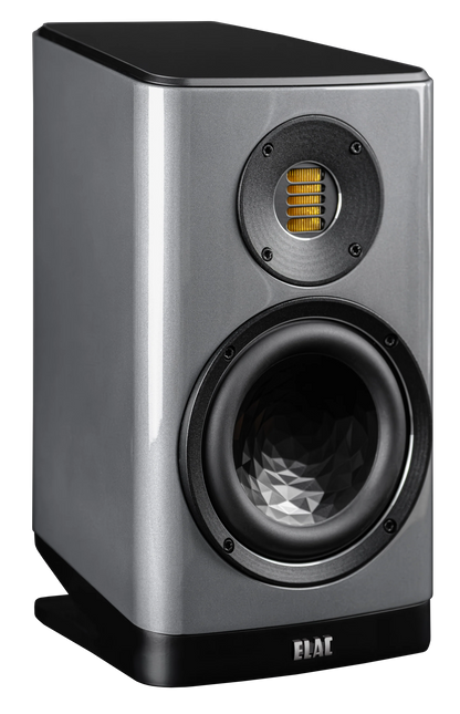Boxă Elac Vela BS 403.2 gri, vedere frontală unghiulară cu tweeter JET 5 și woofer cu structură geometrică.
