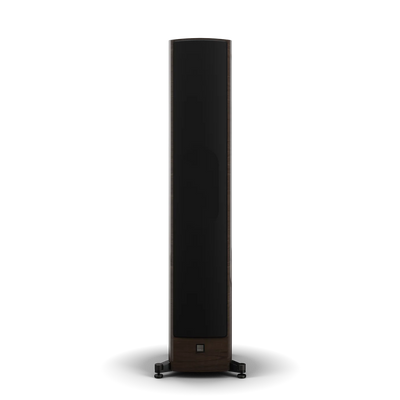 Boxa de podea Dali EPIKORE 11, vedere frontală, culoare nuc, cu grilaj negru. Ideală pentru home theater.