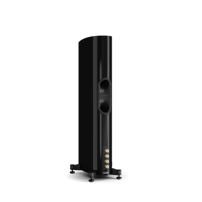 Spatele boxei Dali EPIKORE 7, culoare neagră, arată portul de bas reflex și conectorii de intrare audio.