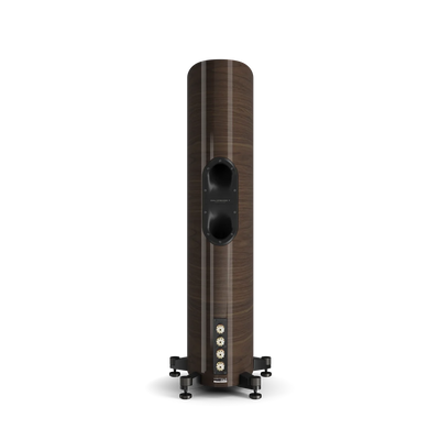 Spatele boxei Dali EPIKORE 7, finisaj nuc, arată porturile de bas reflex și conectorii pentru cabluri audio.