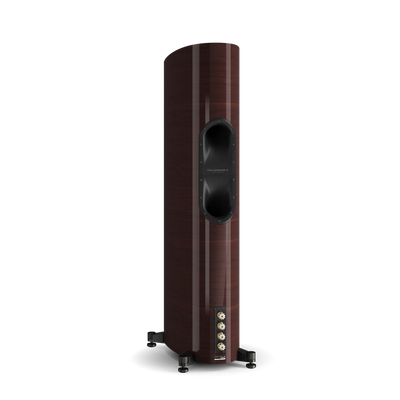 Spatele boxei Dali EPIKORE 9, culoare maroon, cu porturi de conectare și orificiu bass reflex vizibile.