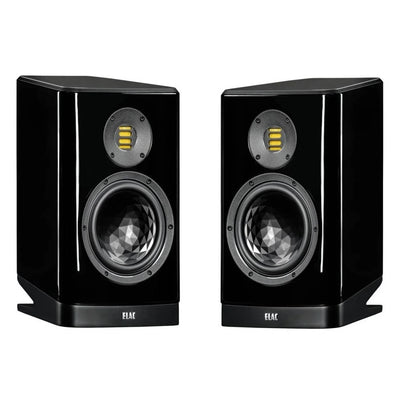 Boxe Elac Vela BS 404.2 negre, vedere frontală, difuzoare midbass cu structură hexagonală și tweeter AMT.