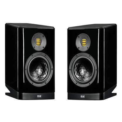 Boxe Elac Vela BS 404.2 negre, vedere frontală, difuzoare midbass cu structură hexagonală și tweeter AMT.