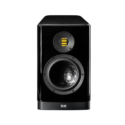 Boxă Elac Vela BS 404.2 neagră, vedere frontală, cu difuzor de bass texturat și tweeter AMT vizibil.