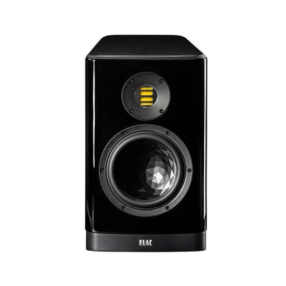 Boxă Elac Vela BS 404.2 neagră, vedere frontală, cu difuzor de bass texturat și tweeter AMT vizibil.