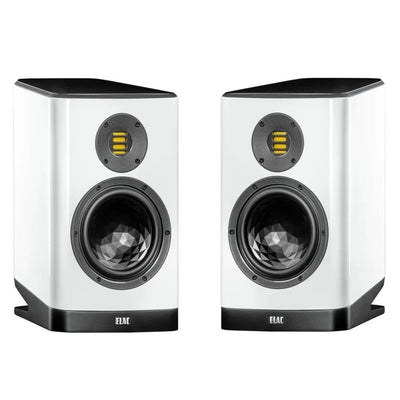 Boxe de raft Elac Vela BS 404.2 albe, vedere frontală, cu tweeter JET 5 și woofer cu structură geometrică.