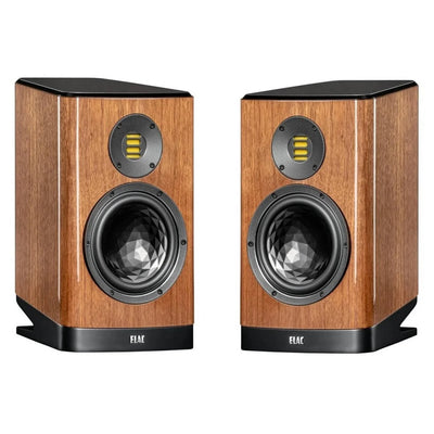 Boxe de raft Elac Vela BS 404.2, vedere frontală, finisaj lemn, difuzor midbass cu structură geometrică.