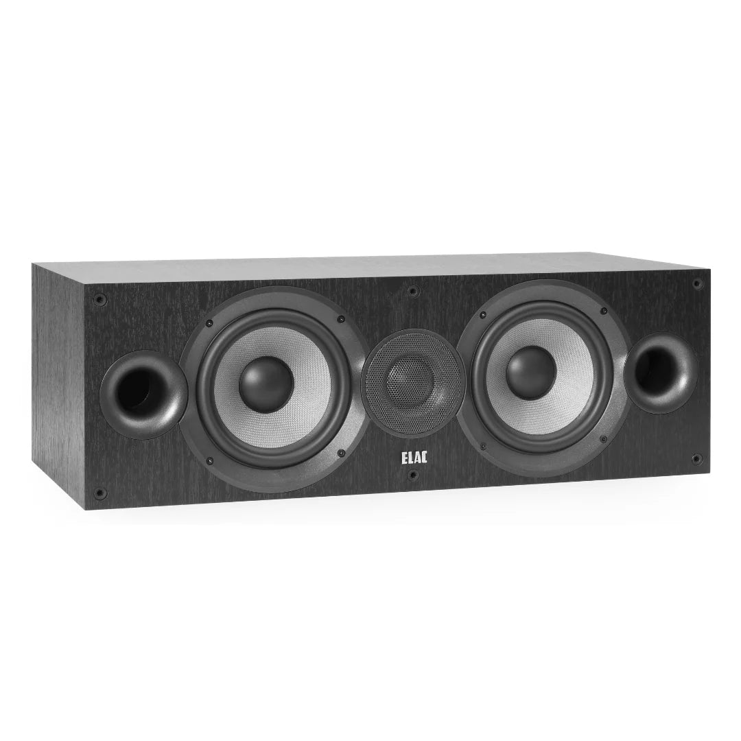 Boxă centrală ELAC Debut DC6.2, vedere laterală, culoare negru, 2 woofere, tweeter și 2 porturi bass reflex.