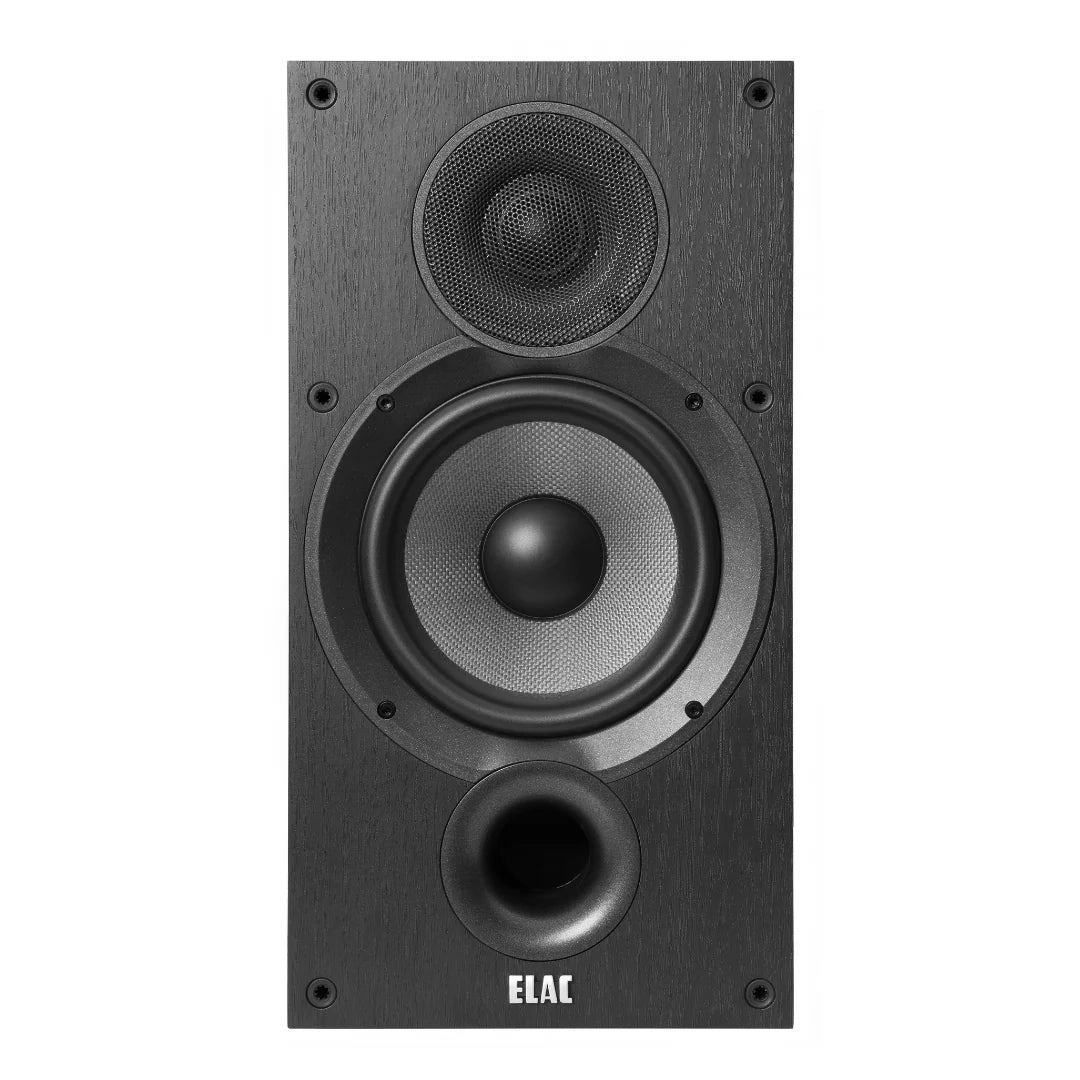 Boxă ELAC Debut B6.2 neagră, vedere frontală cu difuzor bass de 6.5", tweeter 1" și port bass reflex.