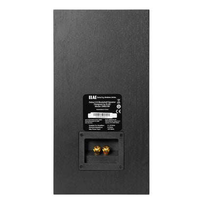 Spate boxă ELAC Debut B6.2 negru, conectori aurii tip binding post și etichetă specificații tehnice.