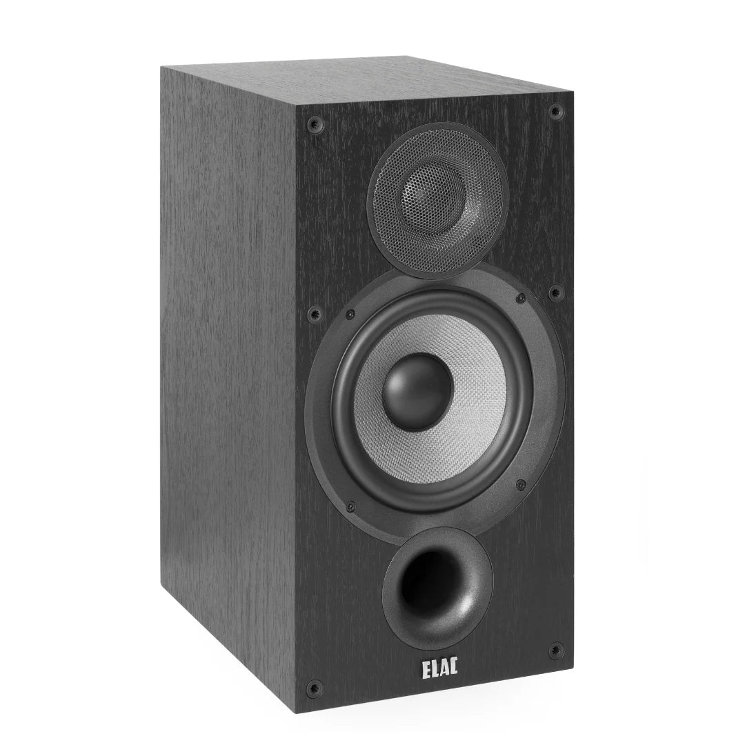 Boxă ELAC Debut B6.2 neagră, vedere frontală laterală, cu tweeter de 1" și woofer de 6.5", port bass reflex.