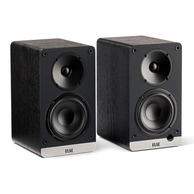 Boxe active Elac Debut ConneX DCB41 Black Ash, vedere frontală, difuzoare midbass și tweeter vizibile.