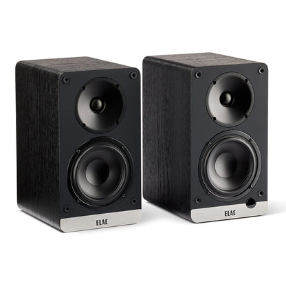 Boxe active Elac Debut ConneX DCB41 Black Ash, vedere frontală, difuzoare midbass și tweeter vizibile.