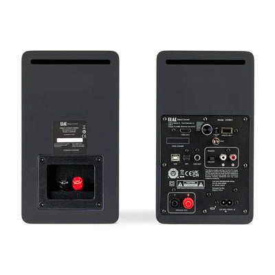 Spatele boxelor active Elac Debut ConneX DCB41 Black Ash, cu porturi RCA, USB, optic, phono și ieșire subwoofer.