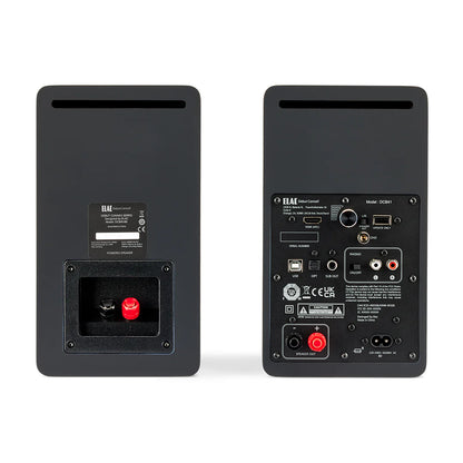 Spatele boxelor active Elac Debut ConneX DCB41 Black Ash, cu porturi RCA, USB, optic, phono și ieșire subwoofer.