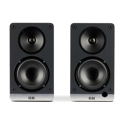 Boxe active Elac Debut ConneX DCB41 Black Ash, vedere frontală cu difuzoare midbass și tweeter vizibile.