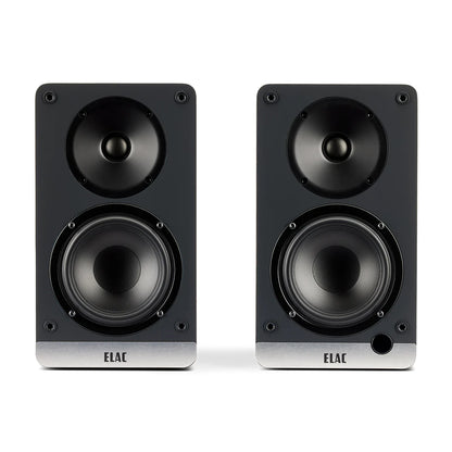 Boxe active Elac Debut ConneX DCB41 Black Ash, vedere frontală cu difuzoare midbass și tweeter vizibile.
