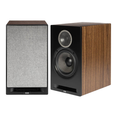Boxe de raft Elac Debut Reference DBR6.2 black-wood, vedere frontală și laterală, tweeter și woofer vizibile.