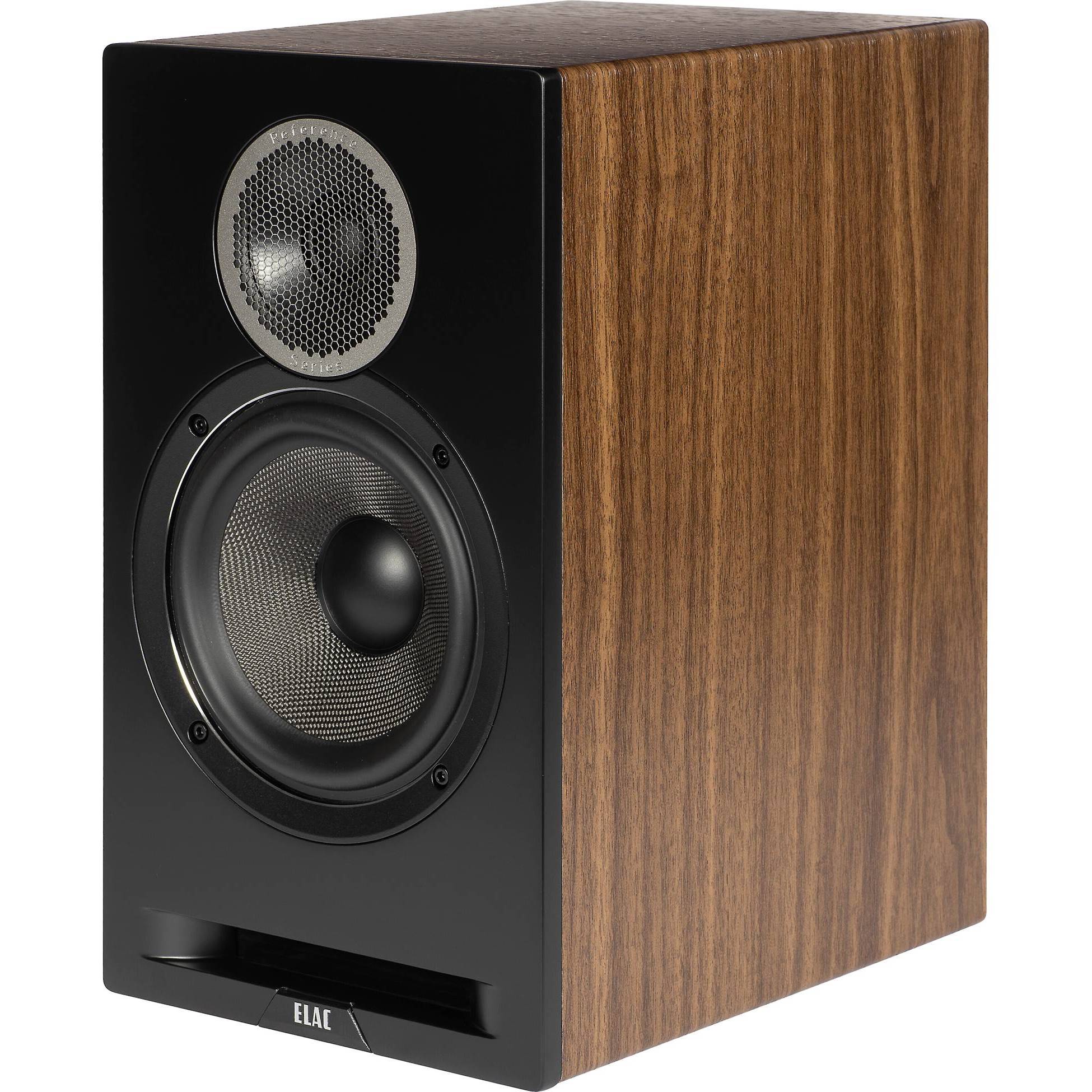 Boxă Elac Debut Reference DBR6.2 negru/nuc, vedere frontală laterală, tweeter metalic și woofer vizibil.#color_dark-wood