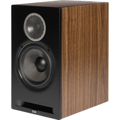 Boxă Elac Debut Reference DBR6.2 negru/nuc, vedere frontală laterală, tweeter metalic și woofer vizibil.
