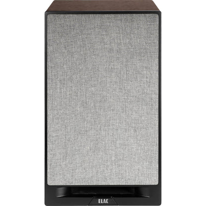 Boxă Elac Debut Reference DBR6.2 negru-wood, vedere frontală cu grilaj textil montat, logo Elac vizibil.
