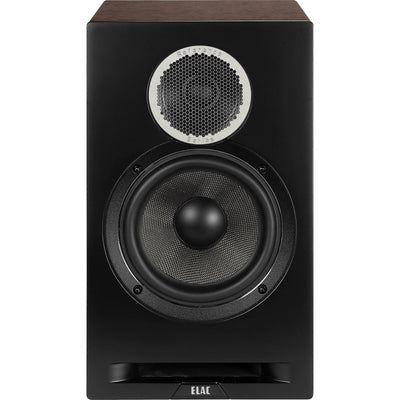 Boxă Elac Debut Reference DBR6.2 negru/wood, vedere frontală cu tweeter protejat și woofer vizibil.