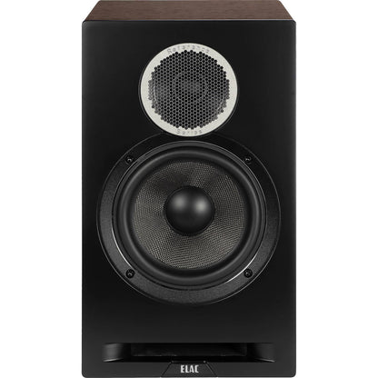 Boxă Elac Debut Reference DBR6.2 negru/wood, vedere frontală cu tweeter protejat și woofer vizibil.