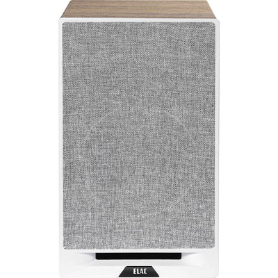 Boxă Elac Debut Reference DBR6.2 alb-lemn, vedere frontală cu grilaj textil gri și logo Elac vizibil.