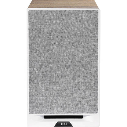 Boxă Elac Debut Reference DBR6.2 alb-lemn, vedere frontală cu grilaj textil gri și logo Elac vizibil.