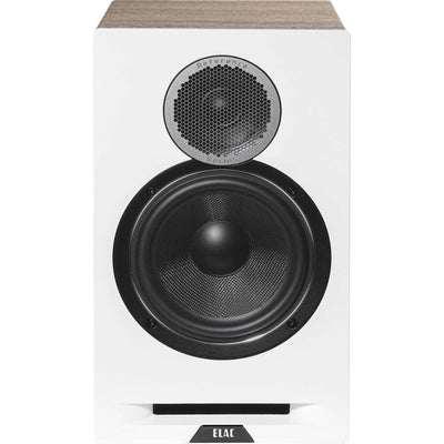 Boxă Elac Debut Reference DBR6.2 alb-wood, vedere frontală cu tweeter și woofer vizibile, port bass reflex.
