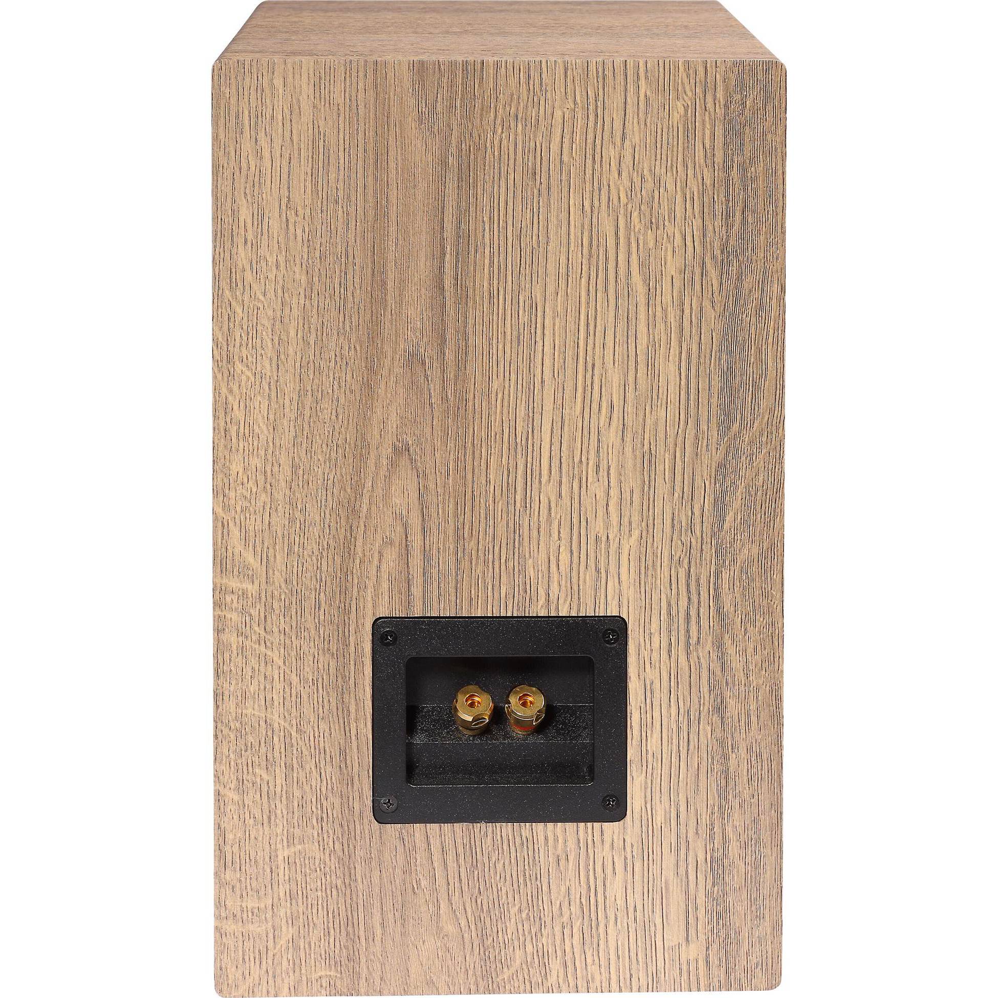 Spate boxă Elac Debut Reference DBR6.2 white-wood cu conectori aurii pentru cabluri audio, finisaj lemn.