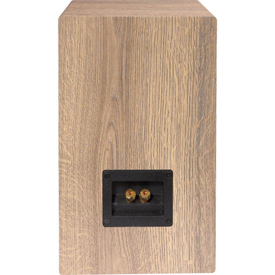 Spate boxă Elac Debut Reference DBR6.2 white-wood cu conectori aurii pentru cabluri audio, finisaj lemn.