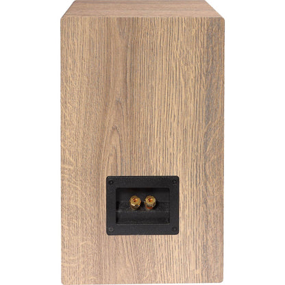 Spate boxă Elac Debut Reference DBR6.2 white-wood cu conectori aurii pentru cabluri audio, finisaj lemn.