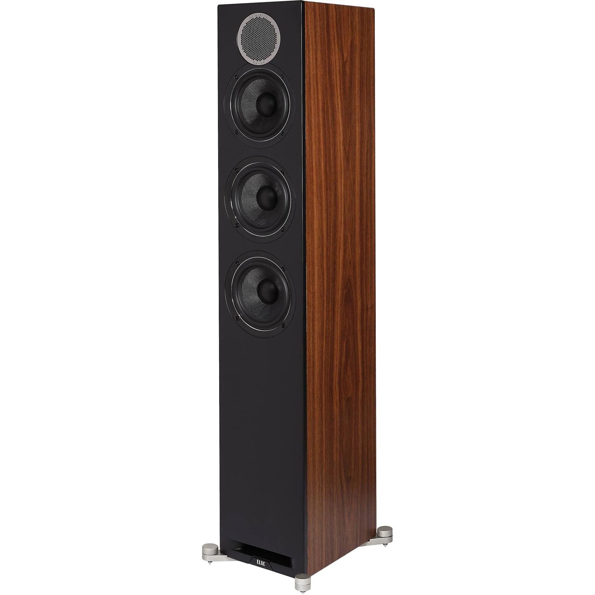 Boxa de podea Elac Debut Reference DFR5.2 negru cu laterale finisaj lemn, vedere frontală laterală.#color_dark-wood