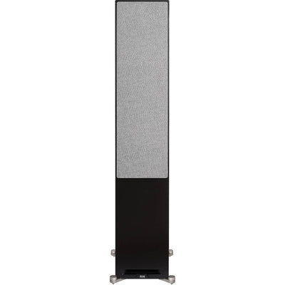 Boxă de podea Elac Debut Reference DFR5.2 negru, vedere frontală cu grill textil gri montat.