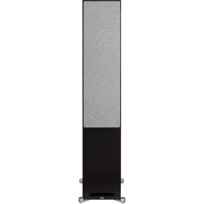 Boxă de podea Elac Debut Reference DFR5.2 negru, vedere frontală cu grill textil gri montat.