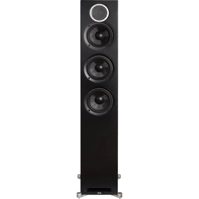 Boxă de podea Elac Debut Reference DFR5.2 negru, vedere frontală cu 3 difuzoare și tweeter circular.