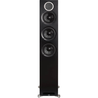 Boxă de podea Elac Debut Reference DFR5.2 negru, vedere frontală cu 3 difuzoare și tweeter circular.