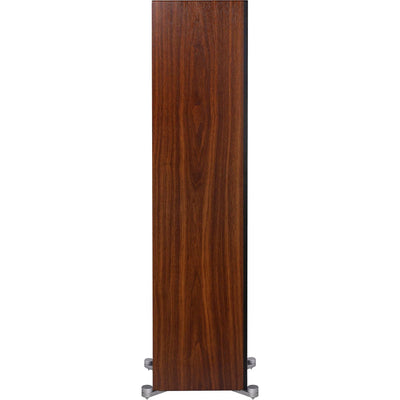 Boxă de podea Elac Debut Reference DFR5.2, vedere laterală, finisaj negru cu inserții wood, bază metalică.