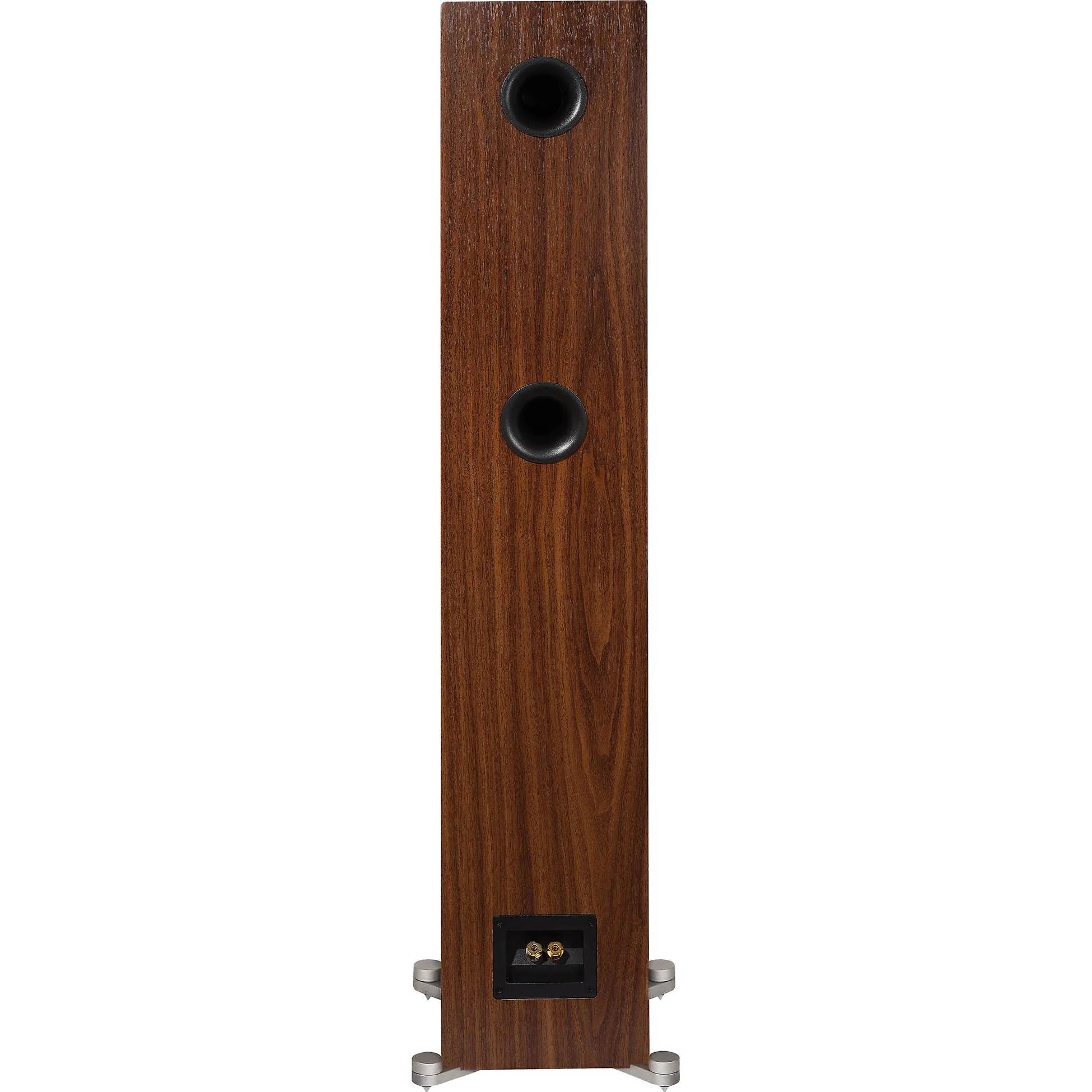 Spatele boxei Elac Debut Reference DFR5.2 culoare black wood, cu două porturi bass reflex și conectori audio.