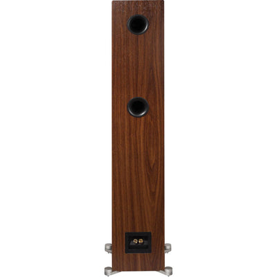 Spatele boxei Elac Debut Reference DFR5.2 culoare black wood, cu două porturi bass reflex și conectori audio.