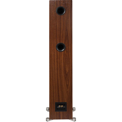 Spatele boxei Elac Debut Reference DFR5.2 culoare black wood, cu două porturi bass reflex și conectori audio.