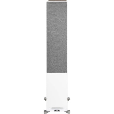 Boxă de podea Elac Debut Reference DFR5.2, vedere frontală, finisaj alb cu grilaj textil gri montat.