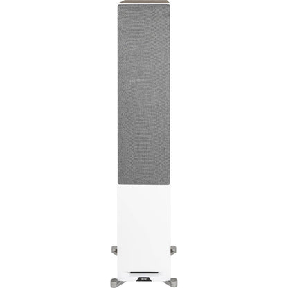 Boxă de podea Elac Debut Reference DFR5.2, vedere frontală, finisaj alb cu grilaj textil gri montat.